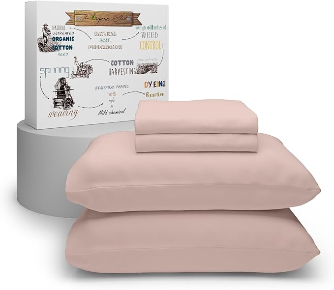 Purity Home Organic 100% Cotton King Size Sheets Set Light Pink, Percale Weave King Bedding Set, Crisp, Cooling & Breathable Light Pink Bed Sheets King Size, Fits Mattress upto 16" Deep Pocket - LeafyLoom