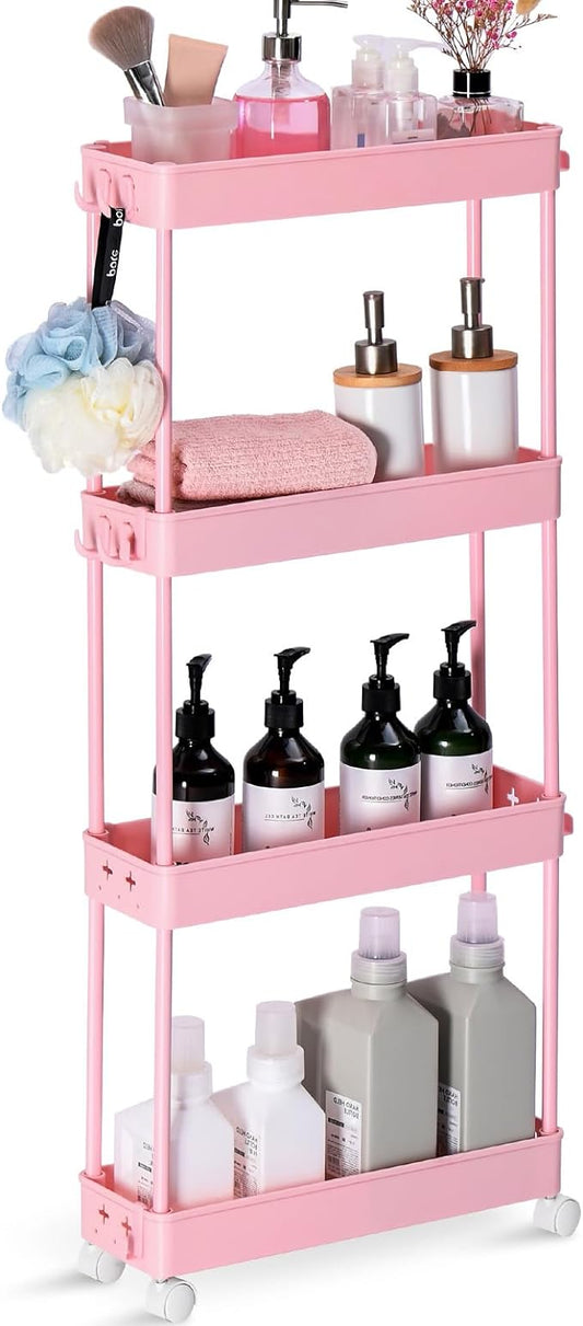 TOOLF Slim Rolling Storage Cart, 4 Tier Utility Cart on Wheels, Mobile Shelving Unit with Hooks for Narrow Space, Rolling Organizer for Bathroom Laundry Kitchen Dorm for Craft Makeup Diaper, Pink - LeafyLoom