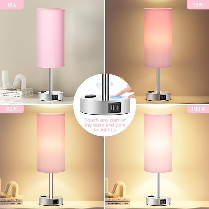 Pink Lamp for Bedroom Nightstand - 3 Way Dimmable Touch Table Lamp USB C Charging Ports, Small Lamp with AC Outlet for Desk Girls Room, LED Bulb Included - LeafyLoom