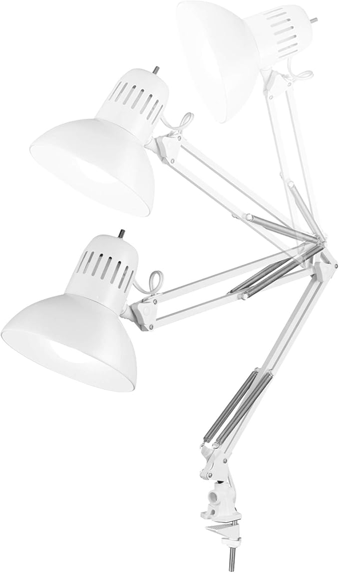 Globe Electric 52847 31.5" Swing Arm Clamp-On Desk Lamp, Glossy White, Nickel Accents, On/Off Rotary Switch, Partially Adjustable Swing Arm, Reading Light, Home Essentials, Office Décor - LeafyLoom