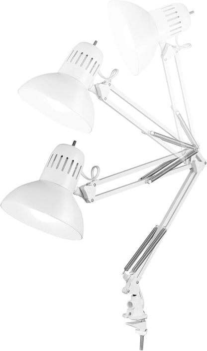 Globe Electric 52847 31.5" Swing Arm Clamp-On Desk Lamp, Glossy White, Nickel Accents, On/Off Rotary Switch, Partially Adjustable Swing Arm, Reading Light, Home Essentials, Office Décor - LeafyLoom