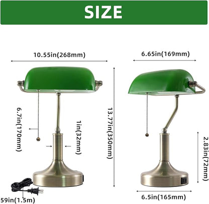 Banker Desk Lamp Green Glass, Antique Desk Lamps with Brass Base, Traditional Library Table Lamp with USB A and Type C Charging Port for Office, Study Room, Pull Chain Switch - LeafyLoom