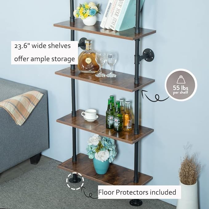 5 Shelf Industrial Pipe Shelving, Black Modern Bookcase Bookshelf, Wall Mount Ladder Shelf with Metal Frame Display Selves - LeafyLoom