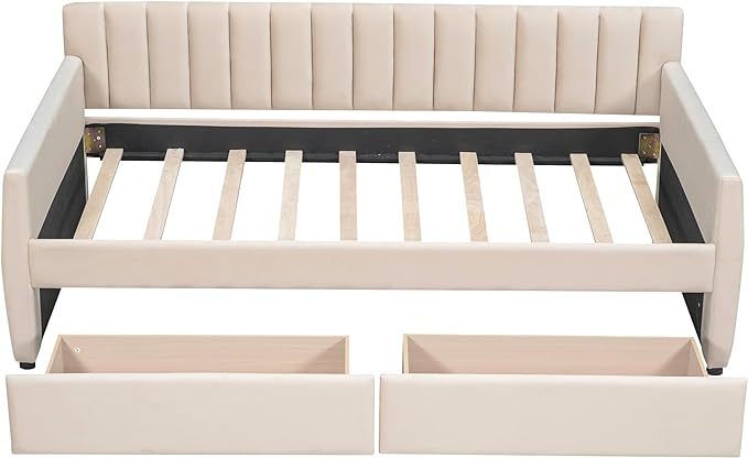 Velvet Upholstered Twin Daybed with Two Storage Drawers, Solid Wooden Sofa Bed Frame w/Vertical Stripes Designed Backrest and Pine Legs, Space-Saving Design, Beige - LeafyLoom