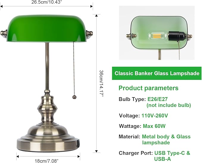 FIRVRE Green Glass Bankers Lamp, Retro Lamp with USB and Type C Charging Ports, Pull Chain Switch Desk Lamp with Brass Base, Vintage Desk Lamp for Home Office Workplace Study Room Bedroom - LeafyLoom