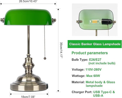 FIRVRE Green Glass Bankers Lamp, Retro Lamp with USB and Type C Charging Ports, Pull Chain Switch Desk Lamp with Brass Base, Vintage Desk Lamp for Home Office Workplace Study Room Bedroom - LeafyLoom