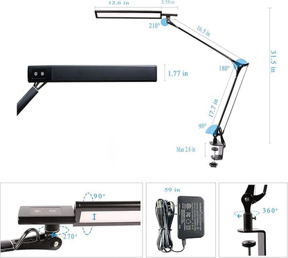 LED Desk Lamp, Architect Task Lamp, 12W Eye-Caring Metal Swing Arm Dimmable Drafting Table Lamp with Clamp,Touch Control Desk Lamp, Study Reading Work Office Workbench - LeafyLoom