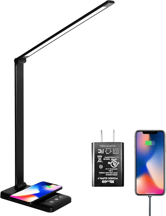 LED Desk Lamp with Wireless Charger,Eye-Caring Table Lamps,Stepless Dimmable Office Lamp with USB Charging Port,Touch/Memory/Timer Function,25 Brightness Lighting,Foldable Lamp - LeafyLoom