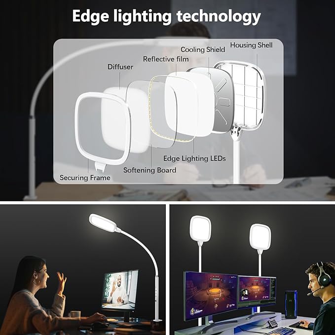 LED Desk Lamps for Home Office, Clamp Desk Light for Video Conference, Dimmable, Rotatable, Top Bright, Large Lighting Area, Remote & Touch, Clip Table Lamp for Computer Monitor, Study, Work - LeafyLoom