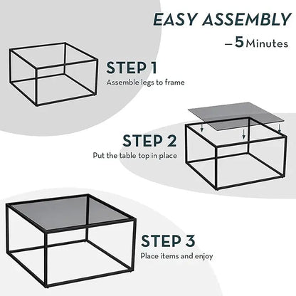 SAYGOER Glass Coffee Table, Small Modern Coffee Table Square Simple Center Tables for Living Room 26.7 x 26.7 x 15.7 Inches, Gray Black - LeafyLoom