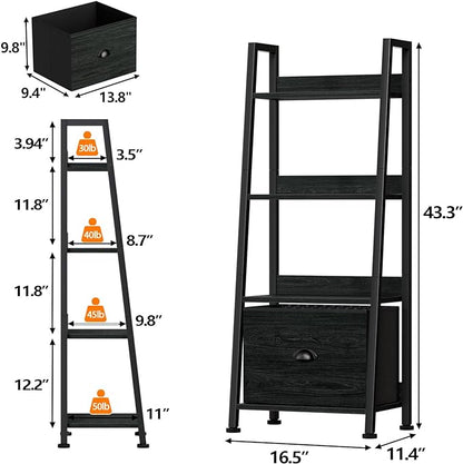 Furologee 4-Tier Ladder Shelf, Ladder Bookshelf with Removable Drawer, Bookcase Storage Rack Organizer, Freestanding Storage Shelves for Living Room, Home Office, Bedroom, Black Oak - LeafyLoom