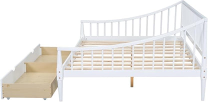 Full Size Daybed with Two Drawers,Solid Wood Storage Bed Frame W/Wooden Slat Support,Guide Rail Design on Three Sides,Easy to Assemble,for Bedroom Living Room,White - LeafyLoom