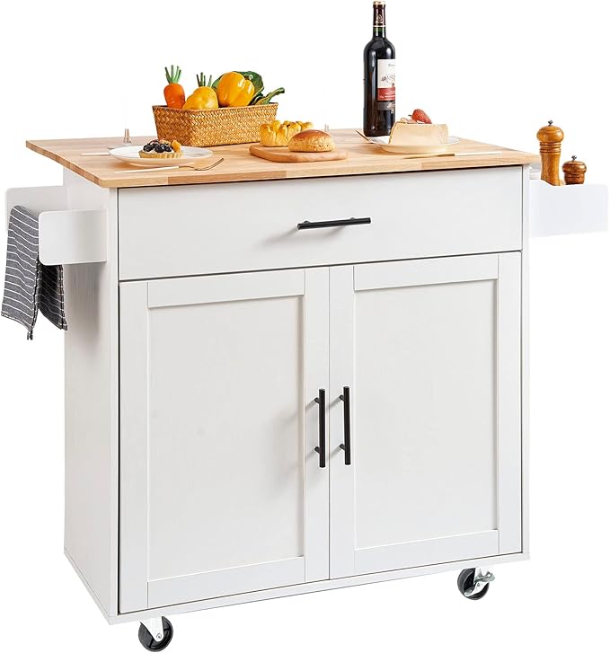 VEVOR Kitchen Island Cart with Solid Wood Top, 35.4" Width Mobile Carts with Storage Cabinet, Rolling Kitchen Table with Spice Rack, Towel Rack, Drop Leaf and Drawer, Portable Islands on Wheels, White - LeafyLoom