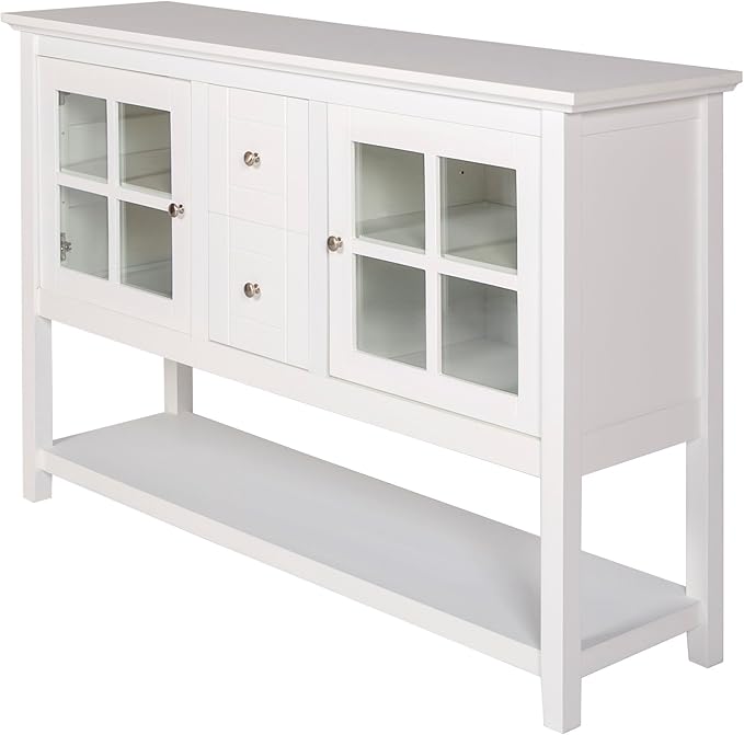 Walker Edison Charlotte Classic Glass Door Storage Buffet, 52 Inch, White - LeafyLoom