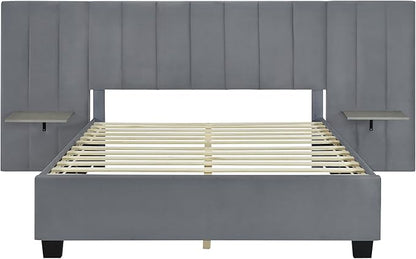 Queen Upholstered Platform Bed Frame with Extended Headboard and and Two Shelves, Velvet Bed, No Box Spring Needed, Gray - LeafyLoom