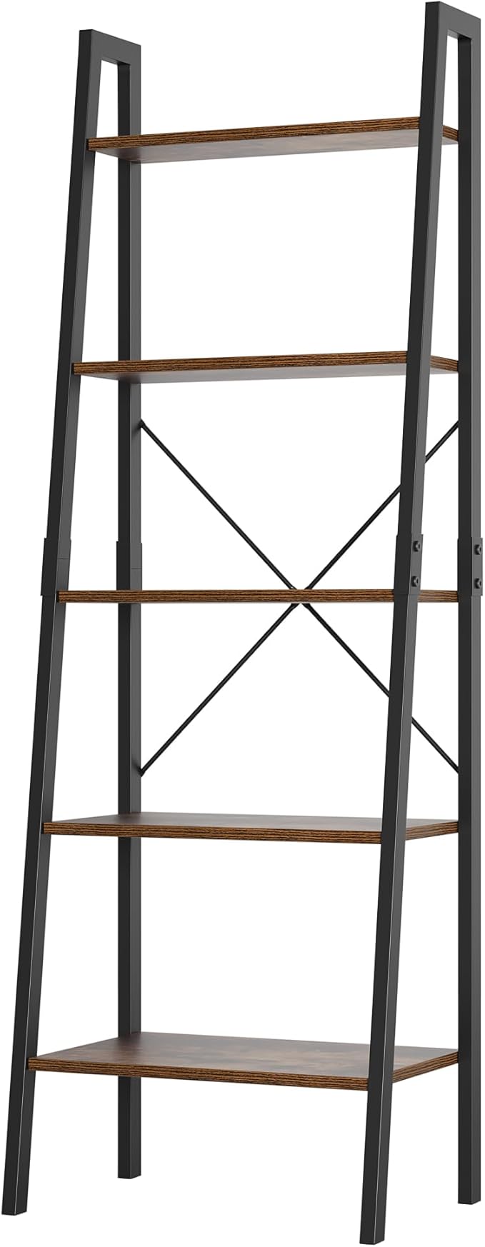 finetones 5-Tier Ladder Shelf, Ladder Bookshelf Bookcase with Metal Frame, Plant Rack Display Shelf Accent Furniture for Home Office, Black/Rustic Brown - LeafyLoom