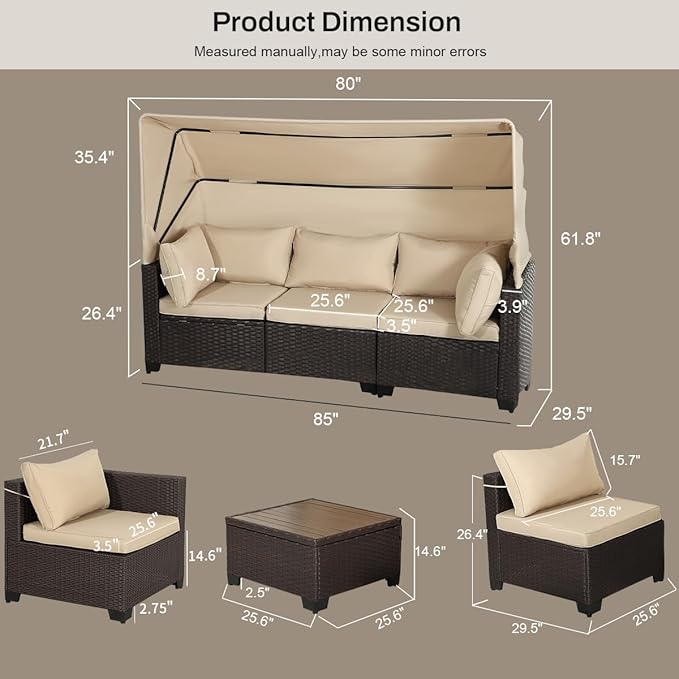 6 PCS Outdoor Patio Furniture Set,Sectional Sofa Set,Rattan Daybed with Retractable Canopy,Adjustable Backrest,Storage Coffee Table for Porch Garden Poolside Backyard(Khaki) - LeafyLoom