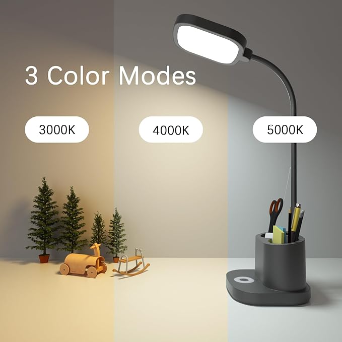 LED Desk Lamp for Home Office with USB Charging Port, Rechargeable Powered Table Lamp Battery Operated Cordless Reading Lamp, Pen Holder, 3 Way Dimmable, Bright, Tall, Flexible, Gooseneck, Black - LeafyLoom