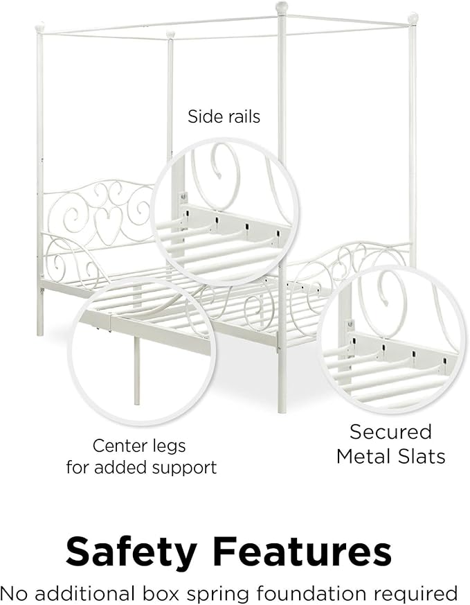 DHP Metal Canopy Kids Platform Bed with Four Poster Design, Scrollwork Headboard and Footboard, Underbed Storage Space, No Box Sring Needed, Twin, White - LeafyLoom