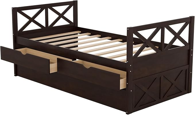 Twin Size Daybed with Storage Drawers and Trundle, Wood Captains Bed frame for Bedroom and Living Room, Espresso - LeafyLoom