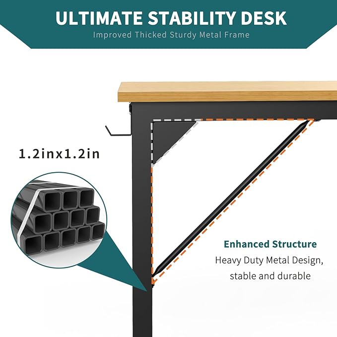 SMUG Computer Desk Small 32” Gaming Table Writing Work Student Study PC Workstation Simple Style Wooden with Side Bag Iron Hook Sturdy Metal Frame for Bedroom, Home, Office, Natural - LeafyLoom