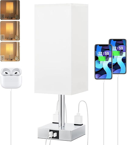 Touch Bedside Table Lamp For Nightstand - 3-Way Dimmable Night Lamp with USB A + Type C Charging Ports and two AC Outlets, Small Desk Light with E26 LED Bulb for Bedroom Living Room Dorm Office,WHITE - LeafyLoom