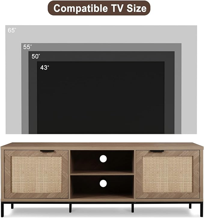 Anmytek Rattan TV Stand for 65 Inch TV Mid Century Modern Entertainment Center with Natural Rattan Door & Herringbone Texture Large TV Console Table for Living Room, Natural Oak - LeafyLoom