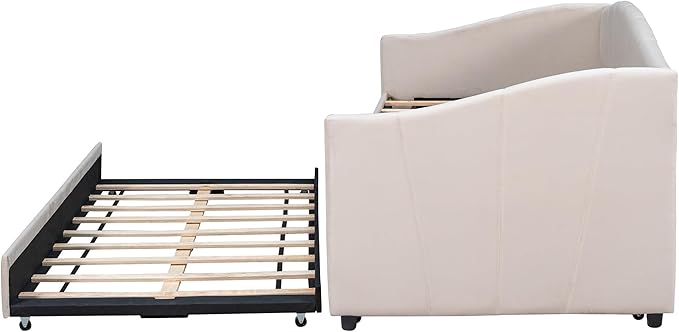 Twin Size Upholstered Daybed with Trundle, Wood Slat Support Sofa Bed with Armrest, No Box Spring Needed, Easy to Assemble, for Studio, Bedroom, Living, Guest Room, Beige - LeafyLoom