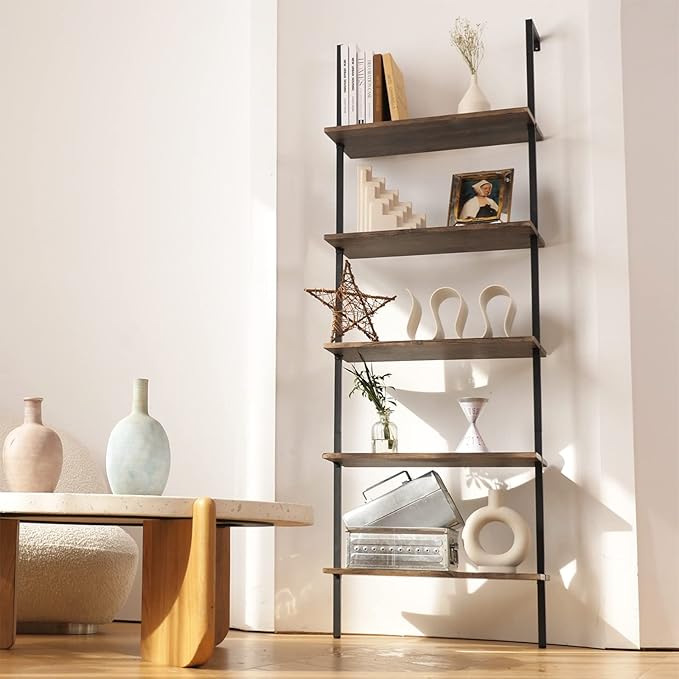 aboxoo Ladder Shelf Open Bookshelf 5-tier Wood Wall-mounted Bookcase Storage Rack Open back Industrial Modern Plant Flower Stand Utility Organizer Bookcase Metal Frame Furniture Office Kitchen Bedroom - LeafyLoom