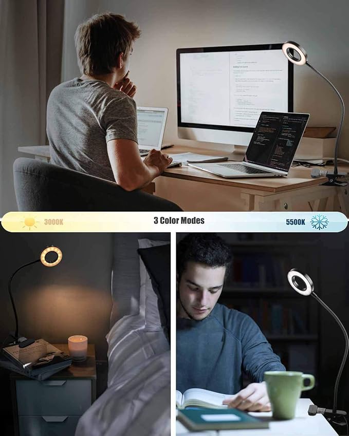 LED Reading Light, Dimmable Clamp Light for Bed Headboard, Bedroom, Office, 3 Modes & 9 Dimming Levels, Flexible Clip Desk Lamp, Adapter Included (Matteblack) - LeafyLoom