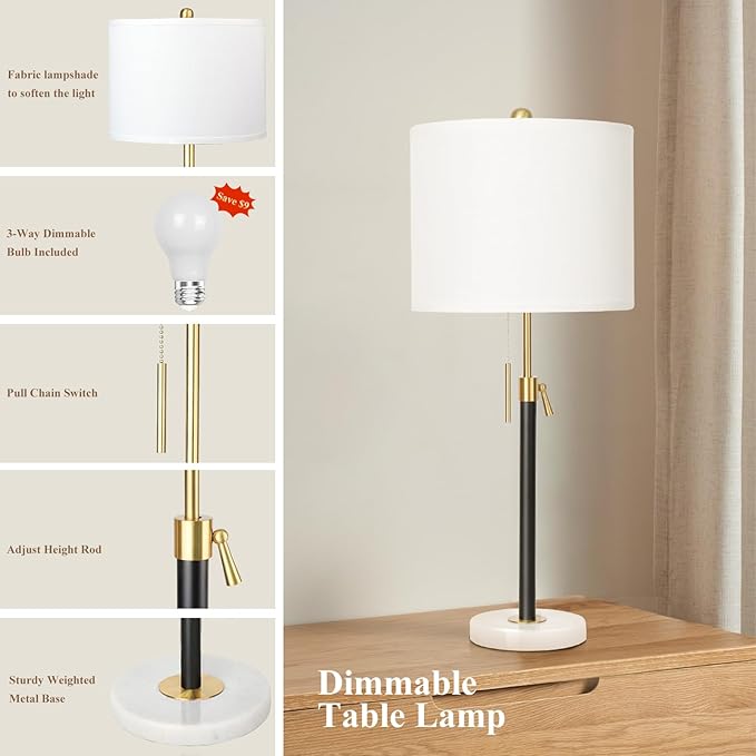 Black and Gold Table Lamps Set of 2: 22" to 30" Height Adjustable Nightstand Lamps with White Linen Shade | Pull Chain Switch | Marble Base - 3 Way Dimmable Beside Lamp for Bedrooms Living Room - LeafyLoom