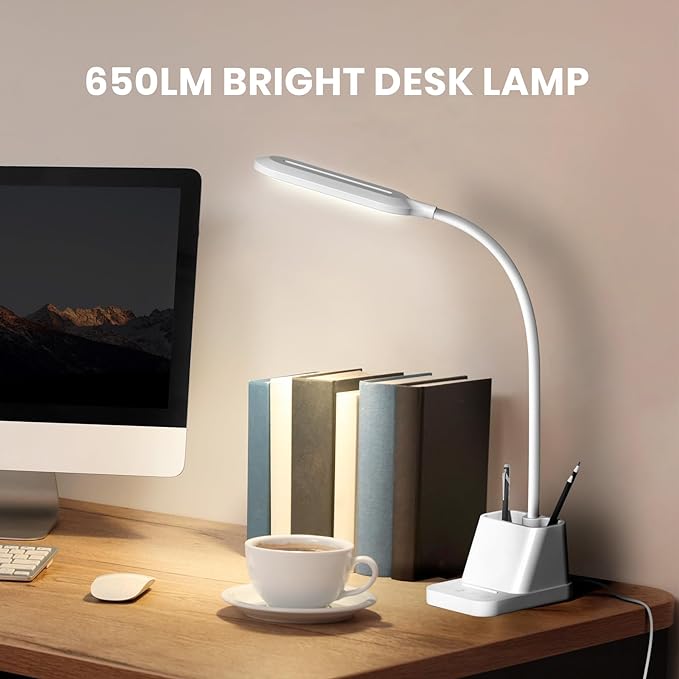 AXX White Desk Lamp, Gooseneck LED Desk Lamp for Kids - Desk Lights for Home Office - USB Charging Port, 650LM, Modern, Pen Holder - Reading Lamp for Bedroom Study Lamp for College Dorm Room - LeafyLoom