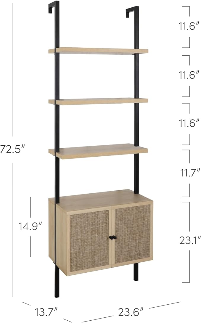 Nathan James Theo Ladder 3 tier Open Bookshelf with Rattan Drawers and Matte Steel Frame, Light Oak/Black - LeafyLoom