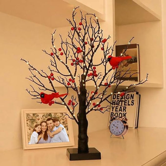 21in Black Birch Tree with 60 Led Lights, Twinkle Tree Lamp with Lighted Branches, Fairy Light Spirit Tree with 2 Red Birds for Room Decor, Easter, Halloween, Thanksgiving, Christmas, New Year, etc. - LeafyLoom