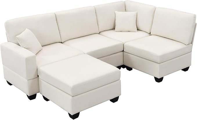 89.8" Modern Sectional Sofa with Convertible Ottoman and 2 Pillows,L-Shape Linen Fabric Corner Couch 5 Set W/Back & Cushion,can Hold up to 330 Lbs,for Apartment,Living Room,Beige - LeafyLoom