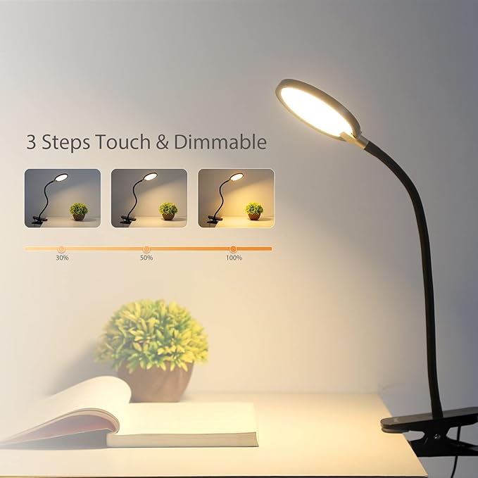 7W Flexible Gooseneck LED Desk lamp Touch 3 Steps Dimmable LED Clip on Light Reading lamp Warm White 3000K 3 Brightness Book Lights Eye Caring Clamp lamp - LeafyLoom