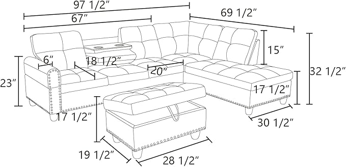 L Shaped Sofa with Ottoman Modern Sectional Living Room, Bedroom, Office, L Couch Grey White - LeafyLoom