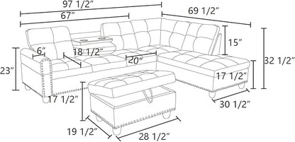 L Shaped Sofa with Ottoman Modern Sectional Living Room, Bedroom, Office, L Couch Grey White - LeafyLoom