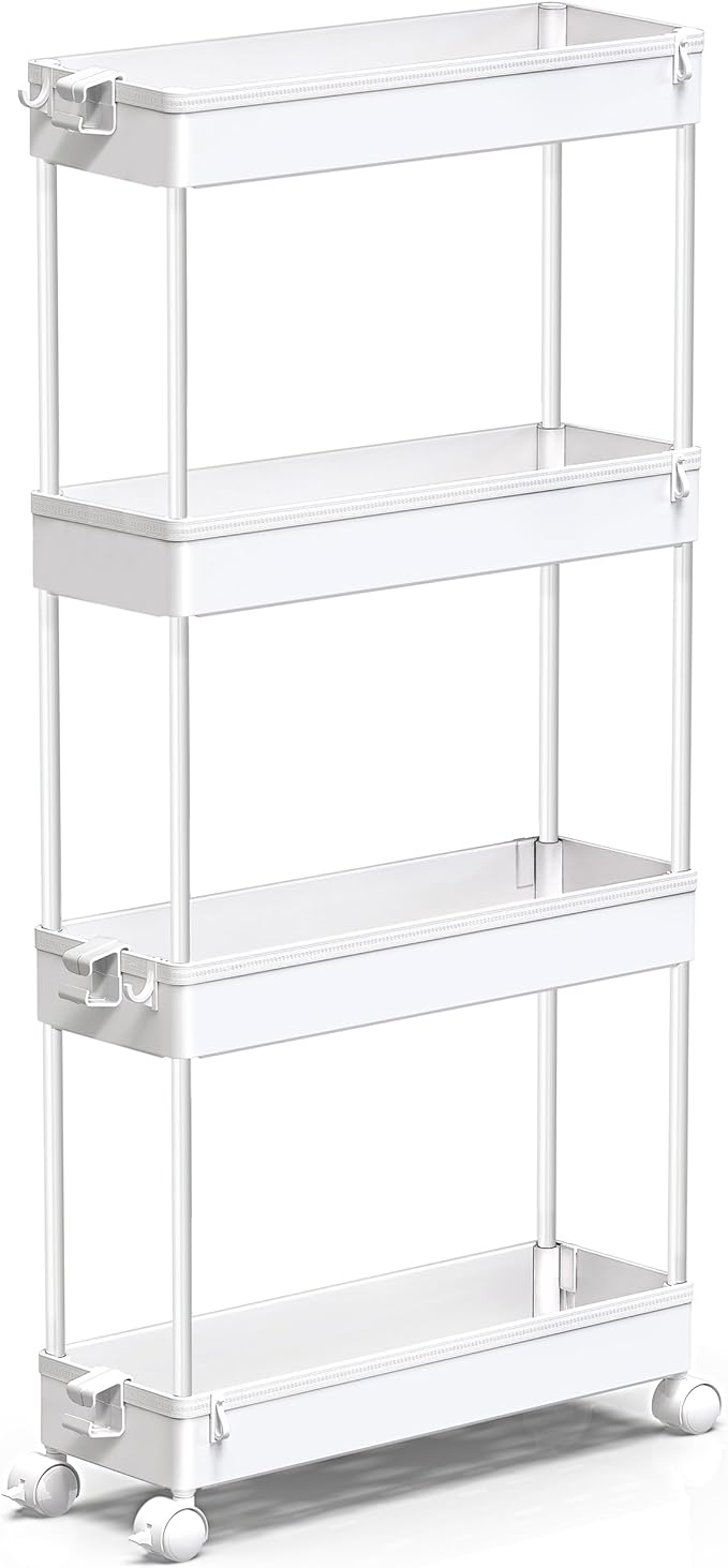 SPACEKEEPER Slim Rolling Storage Cart 4 Tier Bathroom Organizer Mobile Shelving Unit Utility Cart Tower Rack for Kitchen Laundry Narrow Places, White - LeafyLoom