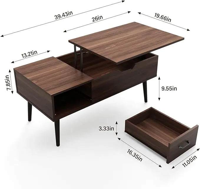 HAIOOU Lift Top Coffee Table, Mid Century Modern Coffee Tables with Drawer for Living Room, Open Storage Shelf, Walnut Cocktail Table TV Stand with Stable Pine Leg Anti-Scratching, Home, Office - LeafyLoom