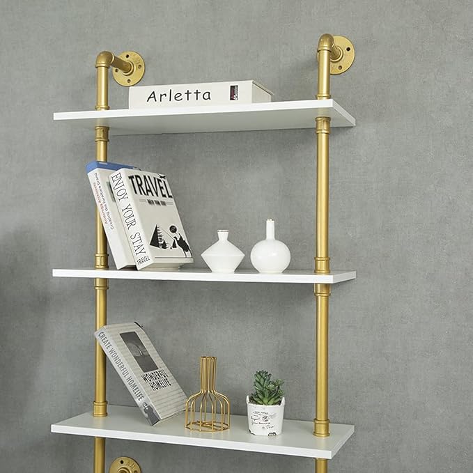 Industrial Gold Bookshelf-6 Tier Wall Mounted Ladder Bookshelf, Rustic Gold Storage Book Shelves Display Bookcases for Living Room/Home/Office - LeafyLoom