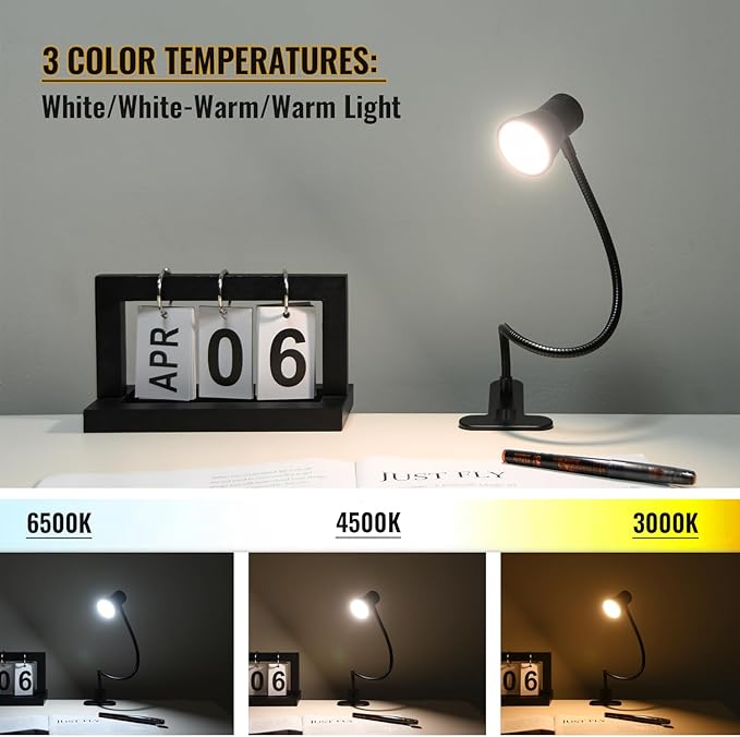 Clip Desk Lamp, USB Reading Light, Flexible Neck Led Clamp Light with 3 Color Temperature Options, 10 Dimmable Brightness Levels for Working, Studying (8W) - LeafyLoom