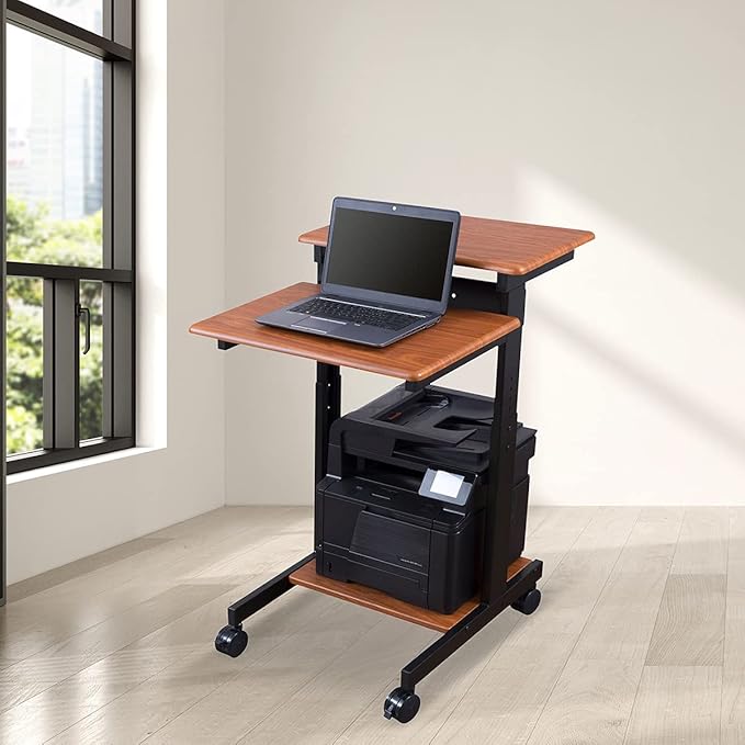 Stand Up Desk Store Rolling Adjustable Height Two Tier Standing Desk Computer Workstation (Black Frame/Teak Top, 24" Wide) - LeafyLoom