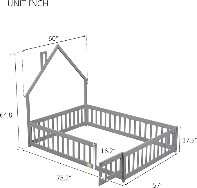 Bellemave Full Size House-Shaped Headboard Floor Bed for Kids, Montessori Floor Bed with Fence and Door,House Bed Twin Frame for Girls,Boys (Gray) - LeafyLoom