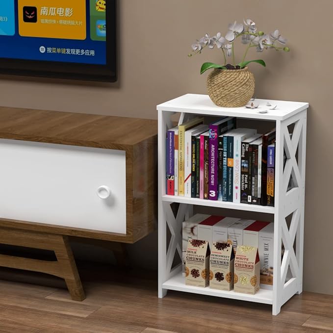 End Table & Side Table 3-Tier, 2 Shelf Small Bookcase, Bookshelf, Simple Nightstand, Bedside Table with for Bedroom, Bathroom, and Living Room Display Rack, White - LeafyLoom