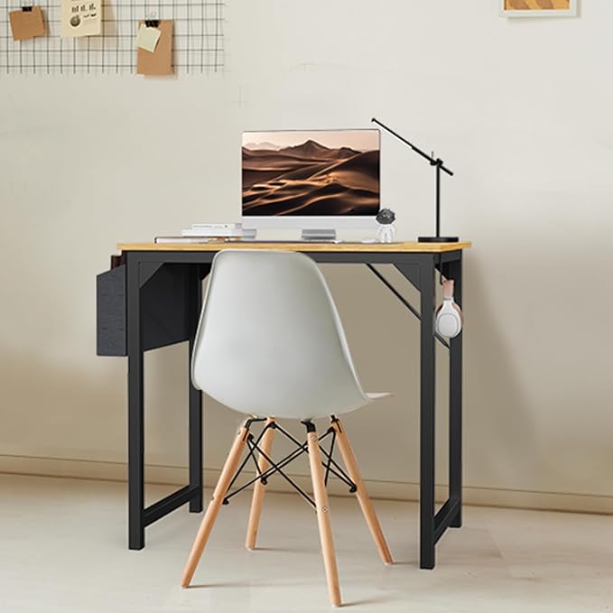 SMUG Computer Desk Small 32” Gaming Table Writing Work Student Study PC Workstation Simple Style Wooden with Side Bag Iron Hook Sturdy Metal Frame for Bedroom, Home, Office, Natural - LeafyLoom