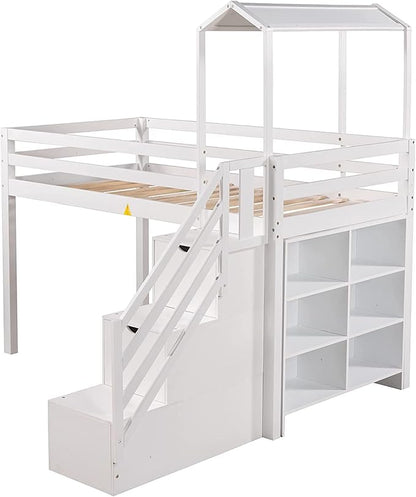 Stairway Twin over Full House Bunk Bed with Storage Shelves & Roof Design,Wooden Bunkbeds wtih Safety Guardrails for Kids/Teen/Adults Bedroom,Space Saving, White - LeafyLoom