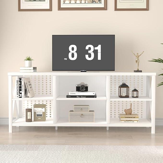 LVB White Entertainment Center, Industrial Wood TV Stand for 65 Inch TV, Modern Metal Media Console Table with Cabinet, Television Stands with Storage Shelf for Living Room Bedroom, White Oak, 55 Inch - LeafyLoom