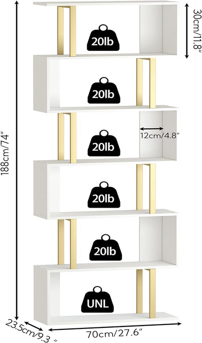 Yusong Geometric Bookcase, S Shaped Bookshelf 6-Tier Book Shelves for Bedroom, Modern Wood Decorative Display Shelf Tall Book Case for Home Office, Gold and White - LeafyLoom