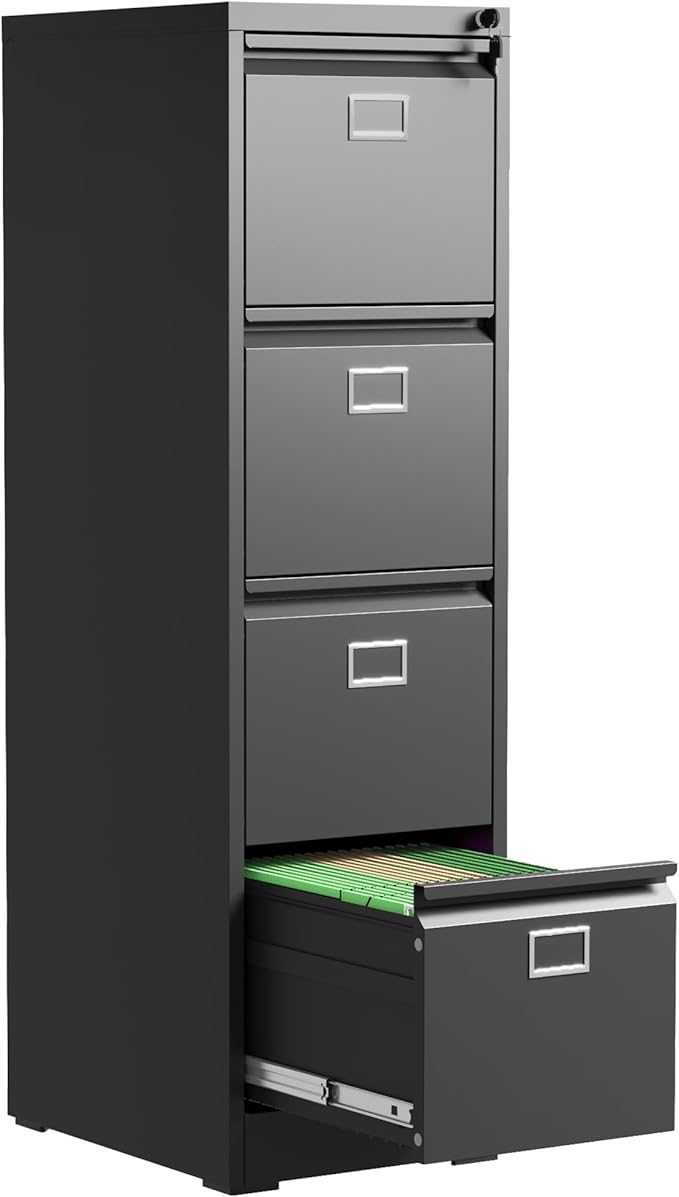 4 Drawer File Cabinet, Metal Vertical File Cabinets with Lock for Home Office, Heavy Duty Office Steel Filing Cabinet for Hanging Files for A4/ Legal/Letter,Assembly Required (Black) - LeafyLoom